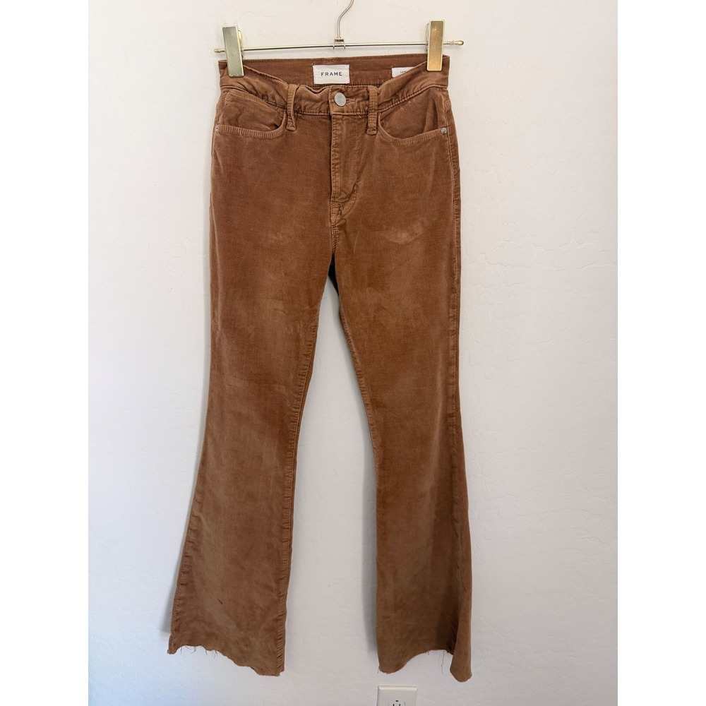 FRAME Le High Flare Corduroy Pants Latte Brown Tan Raw Hem LHFCD820 Womens 27